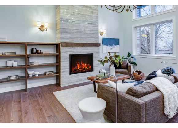 Amantii 38” Fireplace With A Steel Trim and Glass Inlay - 10 Piece Log Set With Remote And Cord - Lifestyle 1
