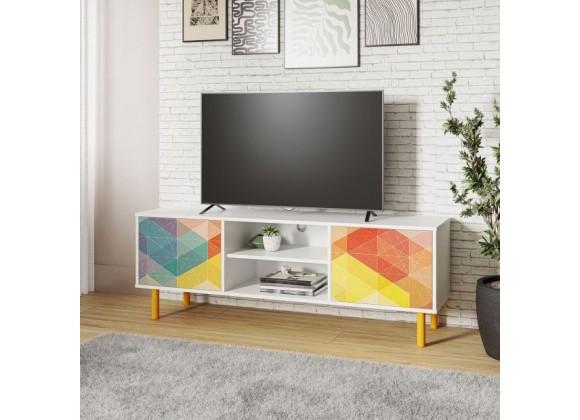 Manhattan Comfort Mid-Century Modern Retro 57.87 TV Stand with 4 Shelves in White and Multi Color Red, Yellow, Blue Print