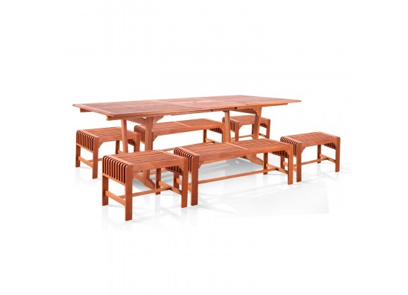 Vifah Malibu Outdoor 7-piece Wood Patio Dining Set with Extension Table - Backless benches & Chairs - White BG