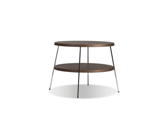 Double Decker 24" Diameter End Table American Walnut Veneer Tops with Polished Stainless Steel Frame