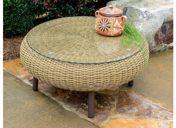 Tortuga Outdoor Round Wicker Coffee Table Wheat Lifestyle