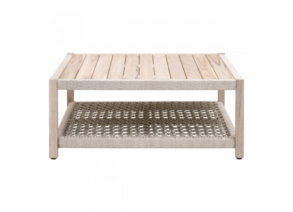 Essentials For Living Wrap Outdoor Square Coffee Table - Taupe & White Flat Rope, Gray Teak- Front Angle