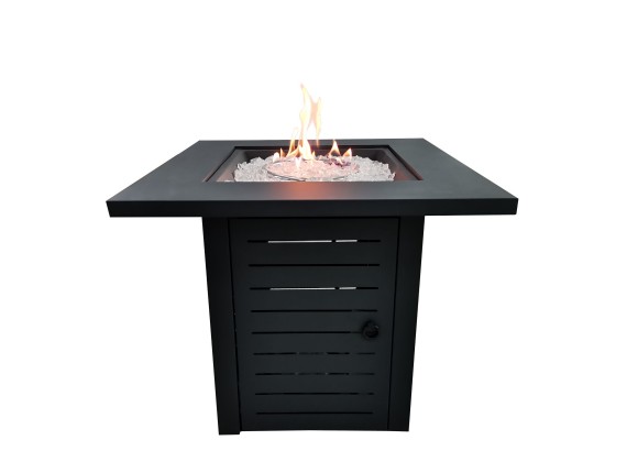 Crawford and Burke Ansley Black Metal Square Fire Pit with Glass Rocks, Frontview