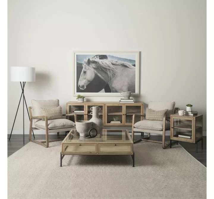 Mercan Arelius Light Brown Wood Black Metal Base w/ 4 Glass Cabinet Doors Sideboard Room View