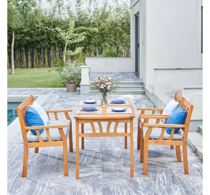 Vifah Kapalua Honey Nautical 4-Piece Wooden Outdoor Dining Set with Bench, Front Angle