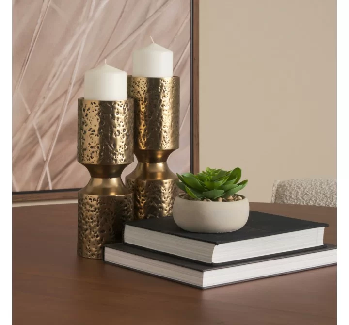 Mercana Akira Hammered Gold Metal Pillar Candle Holder