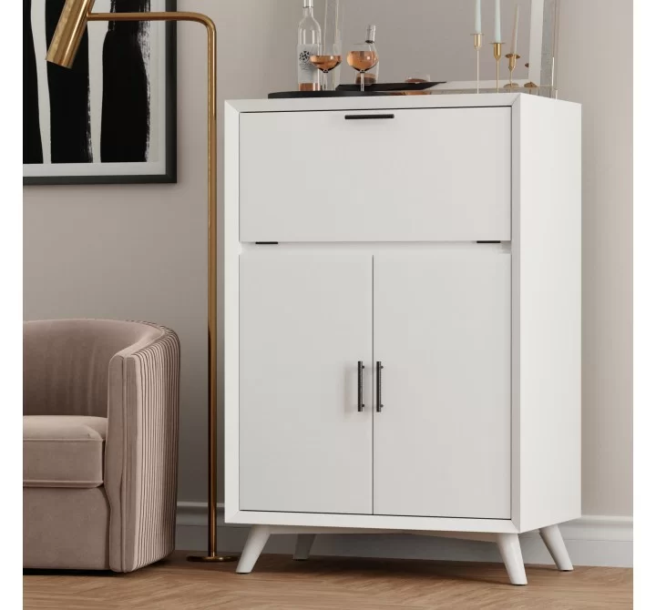 Alpine Furniture Flynn Large Bar Cabinet w/ Drop Down Tray, White - Lifestyle