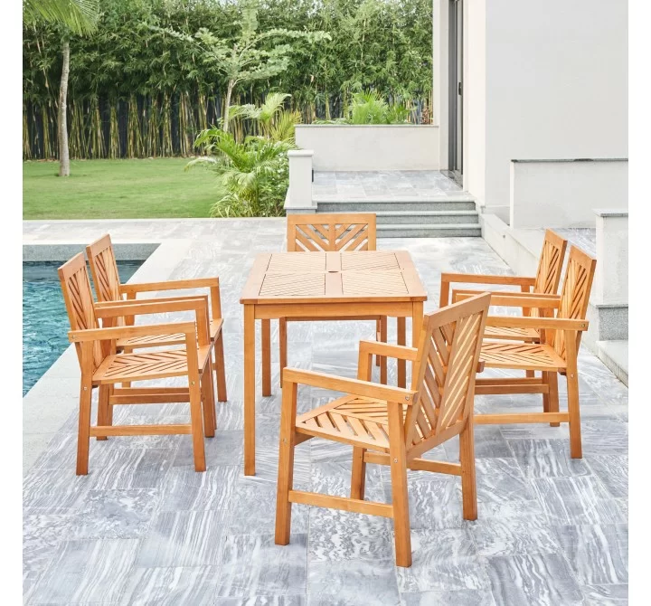 Vifah Olina Honey 7-Piece Fish Bone Eucalyptus Wooden Outdoor Dining Set, Front Angle