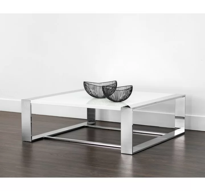 Sunpan Dalton Coffee Table - Square in High Gloss White and Stainless Steel Frame - Lifestyle