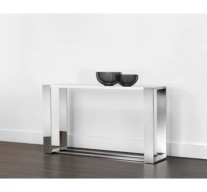 Sunpan Dalton Console Table in High Gloss White and Stainless Steel - Lifestyle