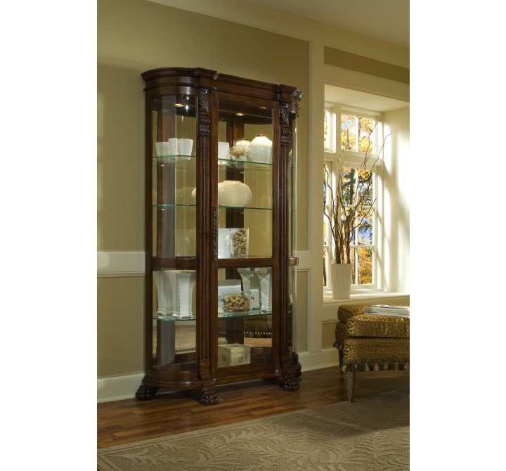 Pulaski Furniture Lighted Curved Front 4 Shelf Curio Cabinet in Maple Brown Room View