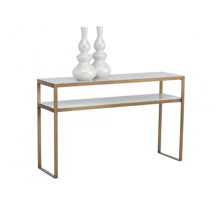 Sunpan Evert Console Table - Front Side Angle with Decor