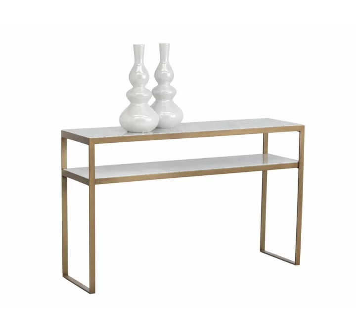 Sunpan Evert Console Table - Front Side Angle with Decor