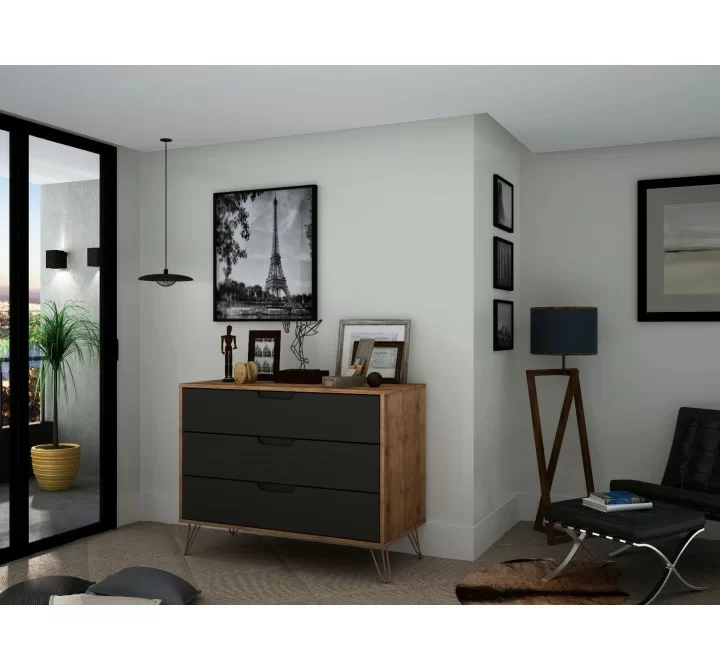 Manhattan Comfort Rockefeller 3-Drawer Grey Dresser (Set of 2)