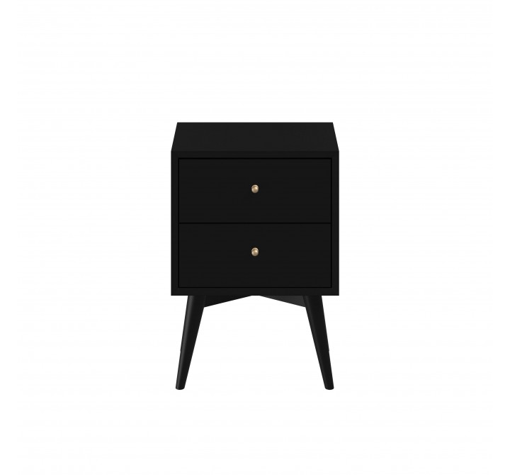 Alpine Furniture Flynn Mid Century Modern 2 Drawer Nightstand, Black - Front Angle