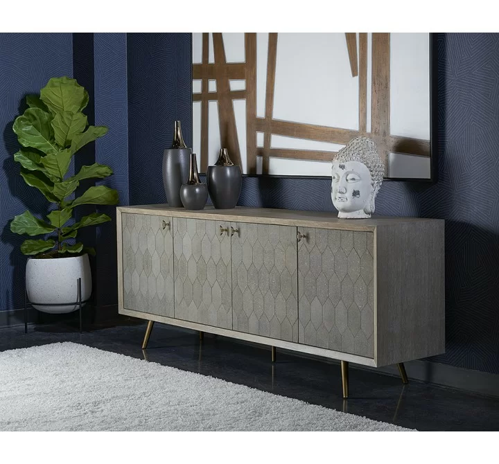 Sunpan Aniston Sideboard - Large In White Ceruze - Shagreen Leather - Lifestyle
