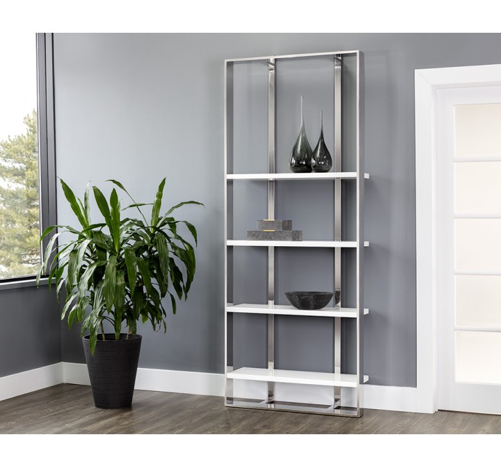 Sunpan Dalton Stainless Steel Bookcase In High Gloss White - Lifestyle