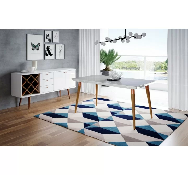 Utopia 62.99" Modern Beveled Rectangular Dining Table with Glass Top in White Gloss and Marble - Lifestyle