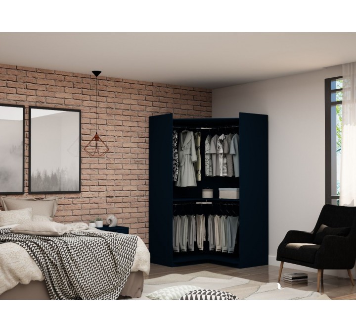 Manhattan Comfort Mulberry Modern Open Corner Closet with 2 Hanging Rods in Tatiana Midnight Blue