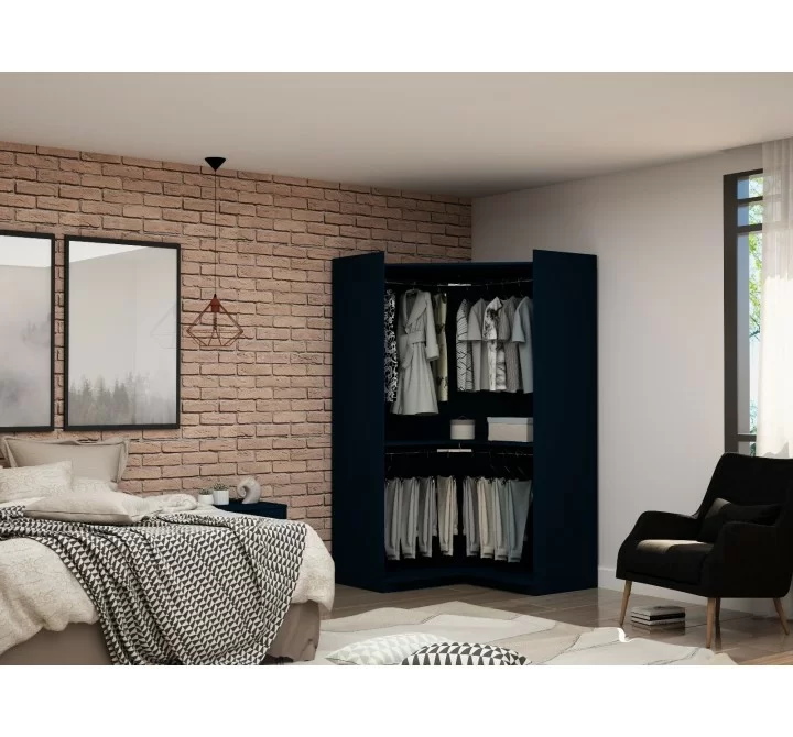 Manhattan Comfort Mulberry Modern Open Corner Closet with 2 Hanging Rods in Tatiana Midnight Blue