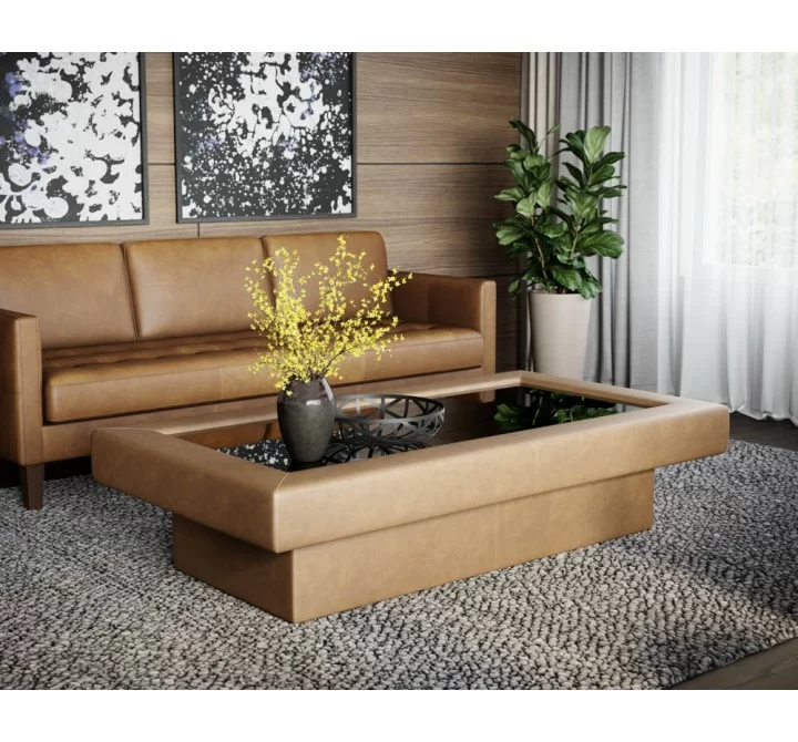 Sunpan Azelia Coffee Table in Camel Leather - Lifestyle 1
