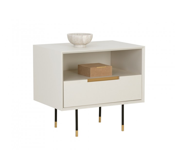  Sunpan Danbury Nightstand in Modern Cream - Angled with Decor