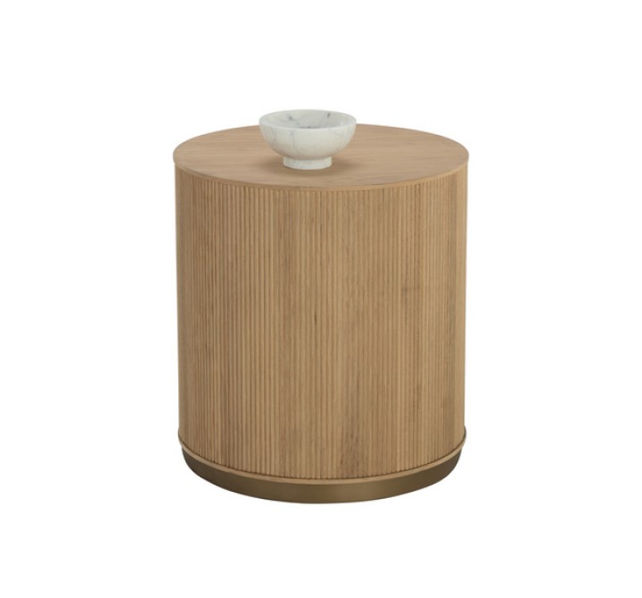 Sunpan Kalla Side Table in Rustic Oak - Front Angle with Decor
