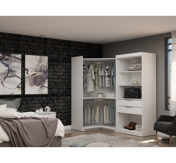 Manhattan Comfort Mulberry Open 2 Sectional Modern Corner Wardrobe Closet with 2 Drawers- Set of 2 in White 
