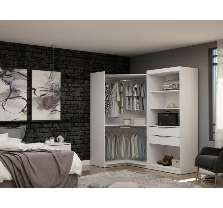 Manhattan Comfort Mulberry Open 2 Sectional Modern Corner Wardrobe Closet with 2 Drawers- Set of 2 in White 