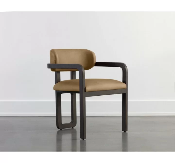 Sunpan Madrone Dining Armchair Brown - Ludlow Sesame Leather - Front Side Angle