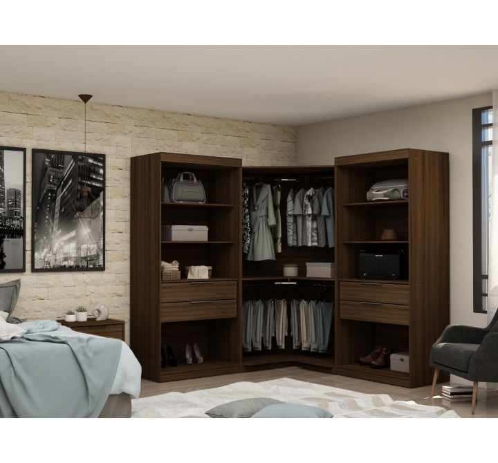 Manhattan Comfort Mulberry Open 3 Sectional Modern Wardrobe Corner Closet with 4 Drawers - Set of 3 in Brown