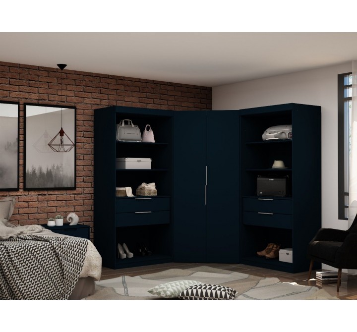 Manhattan Comfort Mulberry 2.0 Semi Open 3 Sectional Modern Wardrobe Corner Closet with 4 Drawers - Set of 3 in Tatiana Midnight Blue