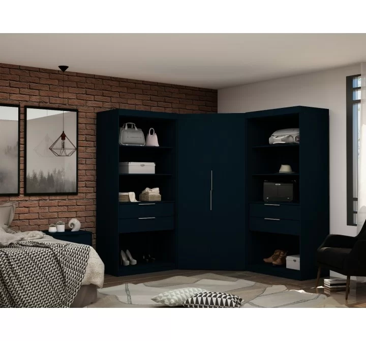 Manhattan Comfort Mulberry 2.0 Semi Open 3 Sectional Modern Wardrobe Corner Closet with 4 Drawers - Set of 3 in Tatiana Midnight Blue