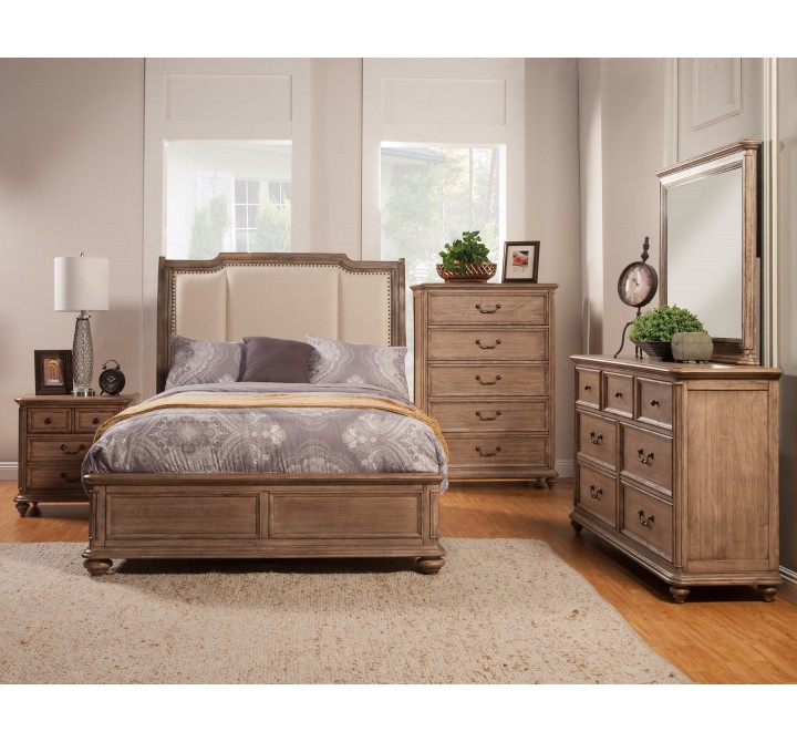 Alpine Furniture Melbourne California / Standard King Sleigh Bed w/Upholstered Headboard, French Truffle - Lifestyle
