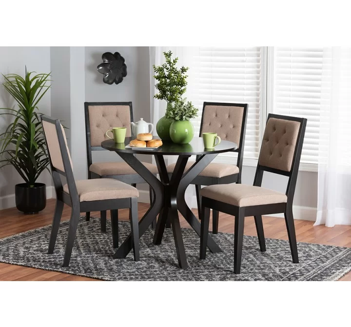 Baxton Studio Mana / Kai Modern Sand Fabric and Dark Brown Finished Wood 5-Piece Dining Set - Lifestyle