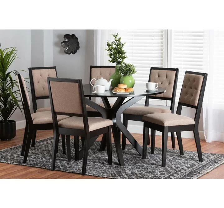 Baxton Studio Mana Modern Sand Fabric and Dark Brown Finished Wood 7-Piece Dining Set - Lifestyle