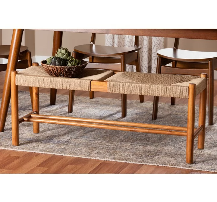 Baxton Studio Saura Mid-Century Modern Oak Brown Finished Wood and Hemp Dining Bench - Lifestyle