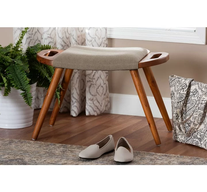 Baxton Studio Banner Mid-Century Modern Light Brown Fabric Upholstered and Oak Brown Finished Wood Accent Bench - Lifestyle