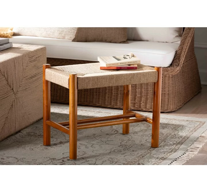 Baxton Studio Saura Mid-Century Modern Oak Brown Finished Wood and Hemp Accent Bench - Lifestyle