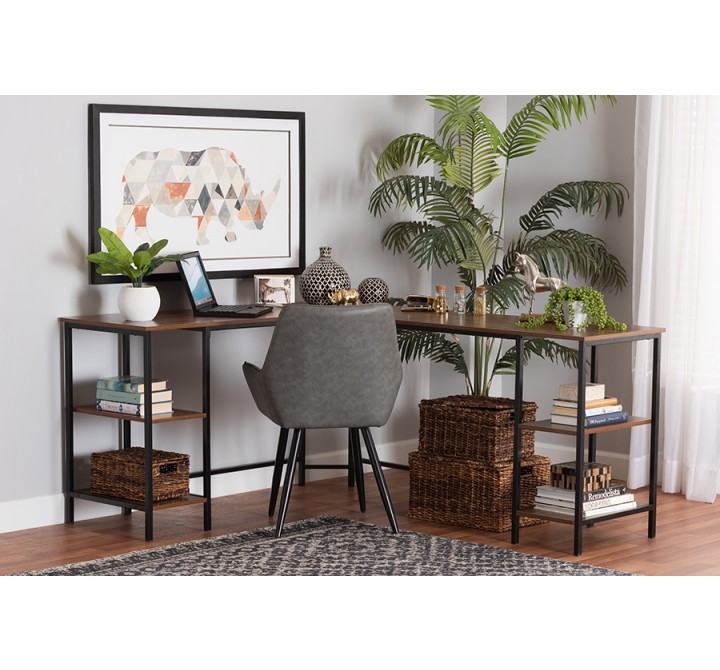 Baxton Studio Lydia Modern Walnut Brown Finished Wood and Black Metal L-Shaped Corner Desk with Shelves - Lifestyle