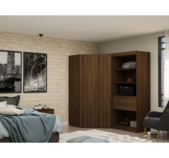 Manhattan Comfort Mulberry 2.0 Semi Open 2 Sectional Modern Wardrobe Corner Closet with 2 Drawers - Set of 2 in Brown