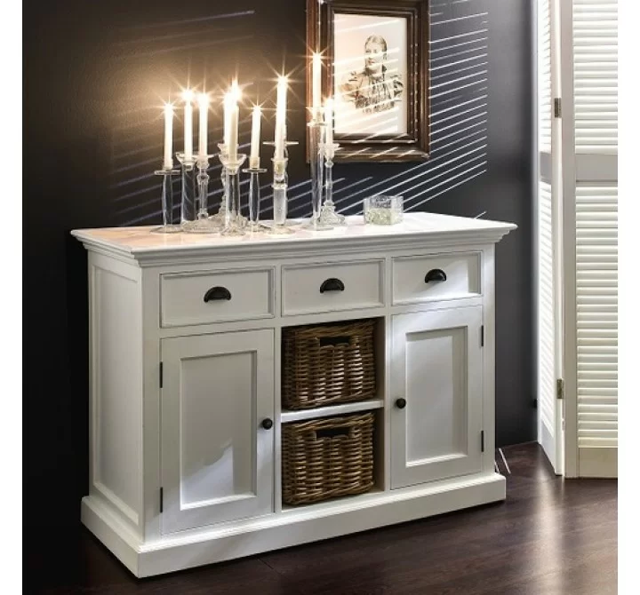 Nova Solo Halifax White Mahogany Buffet, 3 Drawers, 2 Doors and 2 Shelves w/ Rattan Baskets - Lifestyle
