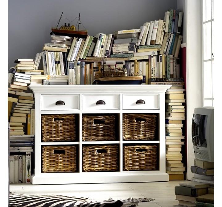 Nova Solo Halifax Mahogany Buffet/3 Drawer/6 Shelves w/ Rattan Baskets - Lifestyle