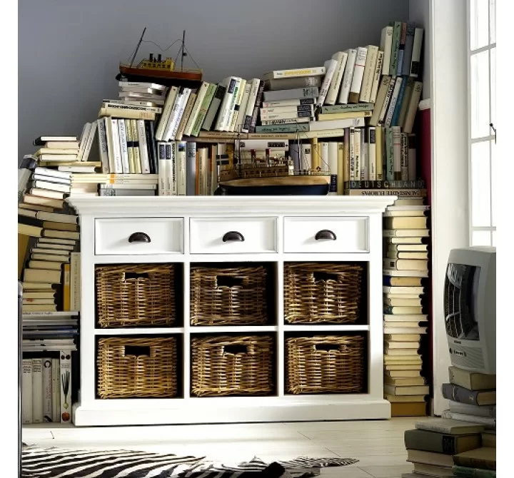 Nova Solo Halifax Mahogany Buffet/3 Drawer/6 Shelves w/ Rattan Baskets - Lifestyle