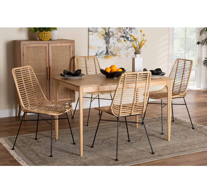 Baxton Studio Manhattan Modern Bohemian Rattan and Natural Oak Finished Wood 5-Piece Dining Set - Lifestyle
