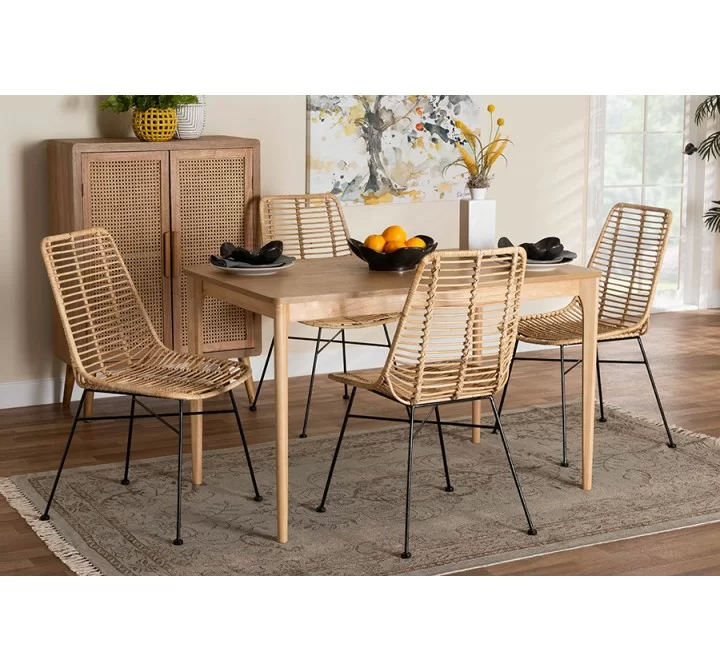 Baxton Studio Manhattan Modern Bohemian Rattan and Natural Oak Finished Wood 5-Piece Dining Set - Lifestyle
