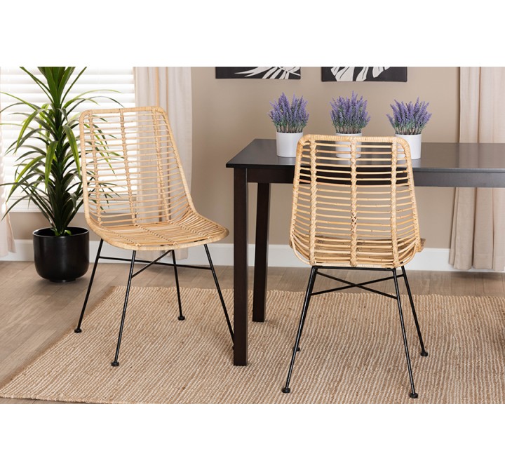 Baxton Studio Manhattan Modern Bohemian Natural Brown Rattan and Black Metal Dining Chair - Set of Two - Lifestyle
