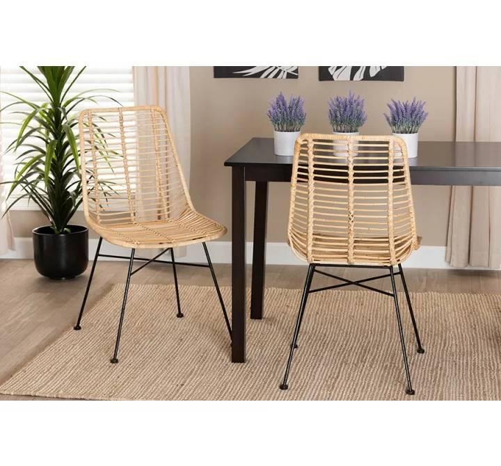 Baxton Studio Manhattan Modern Bohemian Natural Brown Rattan and Black Metal Dining Chair - Set of Two - Lifestyle