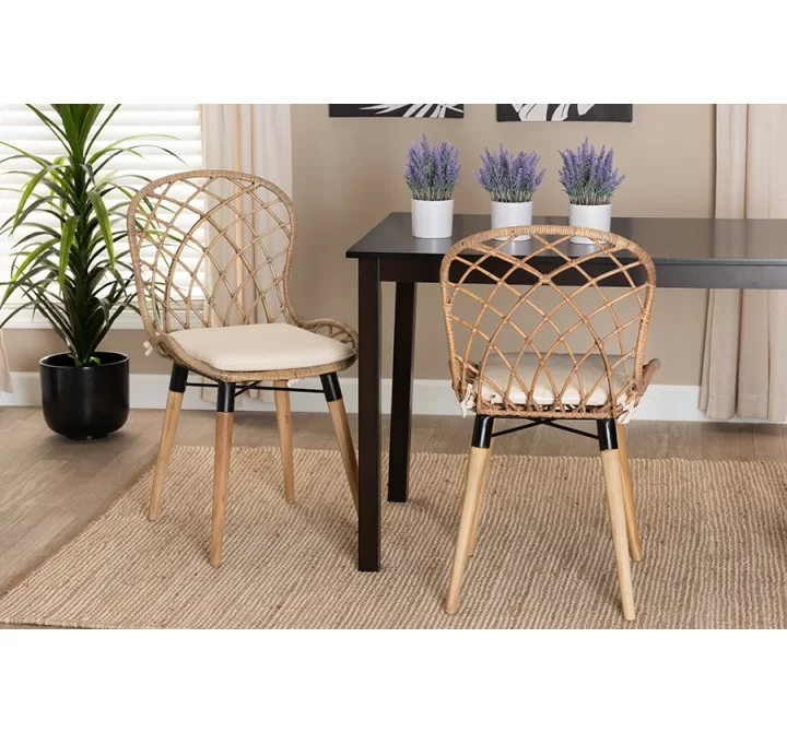 Baxton Studio Sabelle Modern Bohemian Natural Brown Finished Teak Wood and Greywashed Rattan Dining Chair - Lifestyle