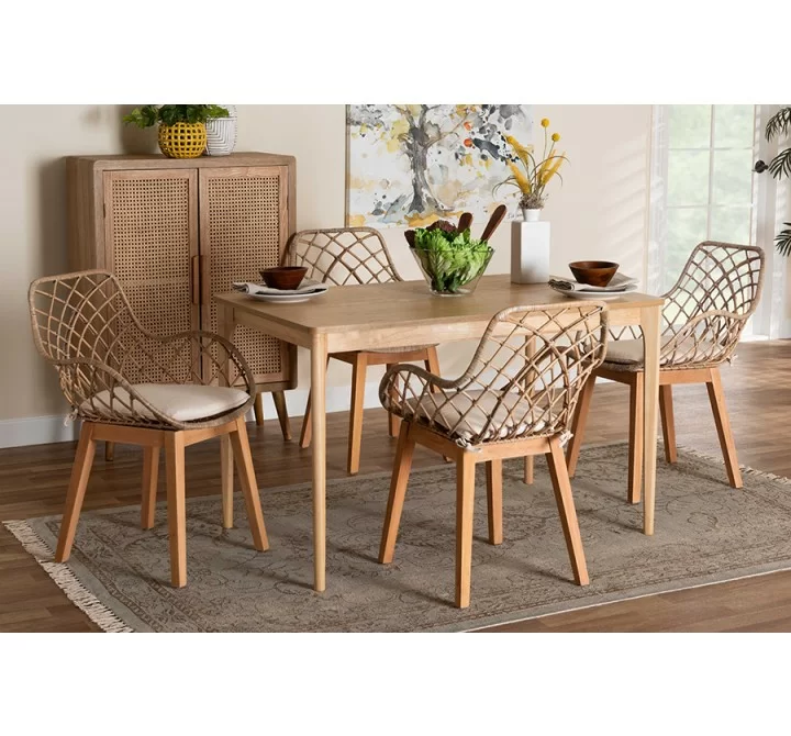 Baxton Studio Ballerina Modern Bohemian Greywashed Rattan and Natural Brown Finished Mahogany Wood 5-Piece Dining Set - Lifestyle